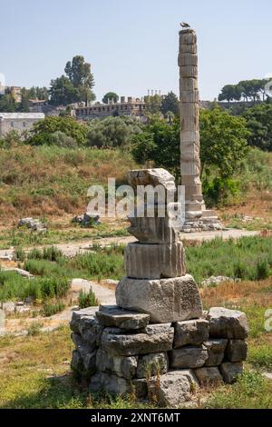 Le rovine del Tempio di Artemide, situato nel quartiere Selcu di Smirne, si trovano sullo sfondo della Moschea İsa Bey, il Castello Ayasuluk A. Foto Stock