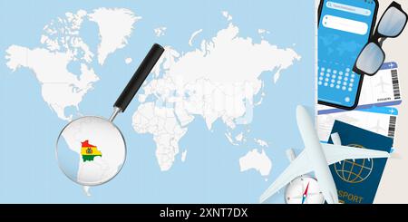 La Bolivia è ingrandita su una mappa del mondo, illustrazioni con aereo, passaporto, carta d'imbarco, bussola e occhiali da vista. Illustrazione vettoriale. Illustrazione Vettoriale