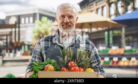 Ritratto di un uomo che gestisce uno stand di vendita di cibo di strada con prodotti agricoli naturali freschi. Happy Old Handsome Farmer con capelli e barba grigi guarda la fotocamera e sorride incredibilmente Foto Stock