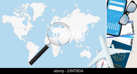 Il Libano è ingrandito su una mappa del mondo, illustrazioni con aereo, passaporto, carta d'imbarco, bussola e occhiali. Illustrazione vettoriale. Illustrazione Vettoriale