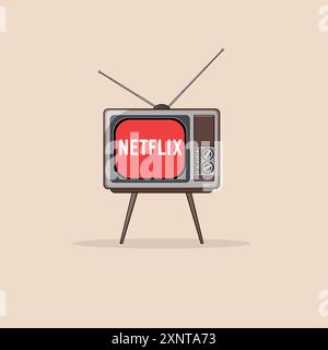 TV retro con accesso Netflix sullo schermo. Design degli interni con televisore Vintage. Illustrazione dettagliata del vettore. Illustrazione Vettoriale