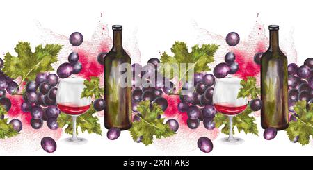 Bordi di rami, grappoli di vite e una bottiglia di vino con un bicchiere di vino. Illustrazione acquerello della vite e del vino, Hand dra Foto Stock