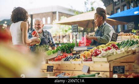 Cliente femminile latino che acquista pomodori biologici sostenibili e cavolo Napa da una coppia di agricoltori multietnici. Venditori ambulanti di successo che gestiscono una piccola azienda agricola in un mercato all'aperto Foto Stock