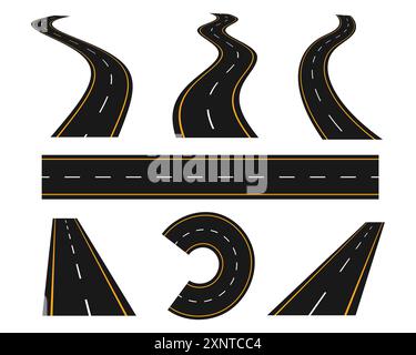 Tortuosa strada curva o autostrada con segnaletica. Illustrazione Vettoriale