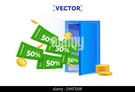 buoni 3d che volano fuori da una porta con monete dorate, isolati su sfondo bianco. Modello banner per promozione speciale. Poster omaggio con buono sconto. icona voucher 3d. Illustrazione vettoriale. Illustrazione vettoriale Illustrazione Vettoriale