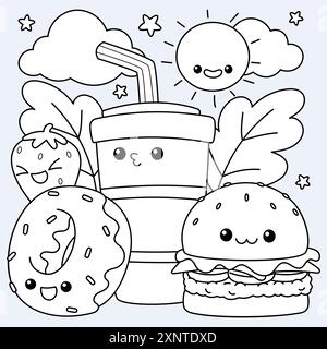 Cartoni animati dello chef della pizza, disegni a mano di libri di colori kawaii Illustrazione Vettoriale