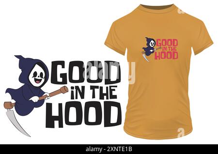 Carino carino carino carino, felice e cupo, reaper che cavalca sulla sua falce con una divertente citazione buona nel cofano. Illustrazione vettoriale per stampa tshirt su richiesta Illustrazione Vettoriale