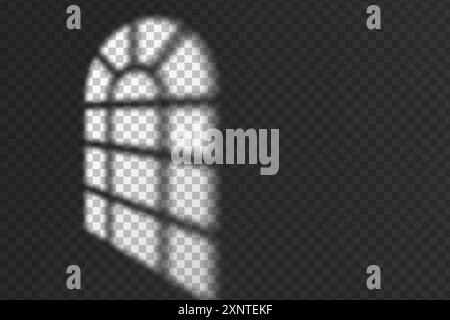 Sovrapposizione ombreggiatura effetto luce da sfondo trasparente isolato nella finestra ad arco. La luce solare estiva filtra attraverso il telaio, proiettando ombre sulle pareti, creat Illustrazione Vettoriale