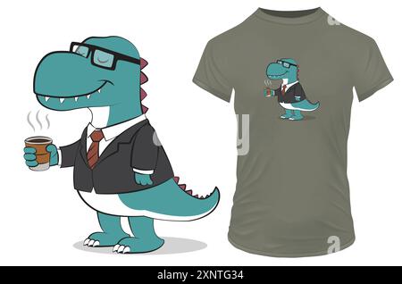 Simpatico dinosauro T-rex in un abito da lavoro e a bere una tazza di caffè. Illustrazione vettoriale per maglietta, sito Web, clip art, poster e stampa su richiesta Illustrazione Vettoriale