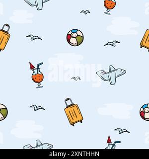 Motivo luminoso senza cuciture con spiaggia, palla, aereo, cocktail e valigia. Illustrazione relativa a vacanze, viaggi, mare Illustrazione Vettoriale