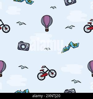 Motivo luminoso e senza interruzioni con palloncino, mappa, bicicletta e fotocamera. Illustrazione relativa a vacanze, viaggi, mare e tour Illustrazione Vettoriale