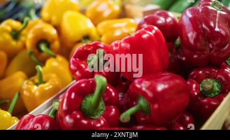 Farm Market Food Stand con una selezione di frutta e verdura biologica. Limoni biologici, peperoni rossi e gialli, melanzane fresche e altri generi alimentari al banco esterno Foto Stock