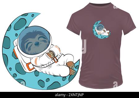 Cartone animato di un simpatico astronauta che dorme sulla luna. Divertente illustrazione vettoriale per il merchandising on demand con stampa tshirt Illustrazione Vettoriale