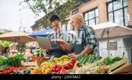 Partner commerciali di sesso femminile e maschile che gestiscono una stazione alimentare biologica di successo in un mercato agricolo. Bell'uomo adulto che registra vendite online e forniture di rifornimento mentre lavora su un computer portatile Foto Stock