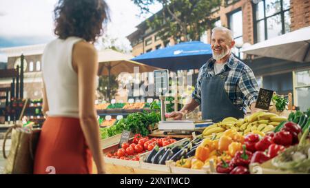 Cliente femminile multietnico che acquista pomodori naturali sostenibili da un agricoltore anziano gioioso in una giornata estiva soleggiata. Venditori ambulanti di successo che gestiscono una piccola azienda agricola in un mercato all'aperto Foto Stock