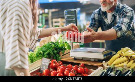 Primo piano di una cliente donna che acquista pomodori biologici naturali da un agricoltore senior felice in una giornata di sole d'estate. Fornitore di successo che gestisce una piccola azienda agricola in un mercato all'aperto Foto Stock