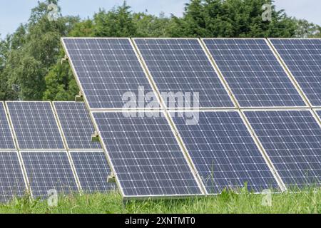 Sezioni di pannelli solari monocristallini fotovoltaici a inclinazione fissa in rack/fotovoltaici. Una fonte di energia "pulita" nel mix di energie rinnovabili. Foto Stock