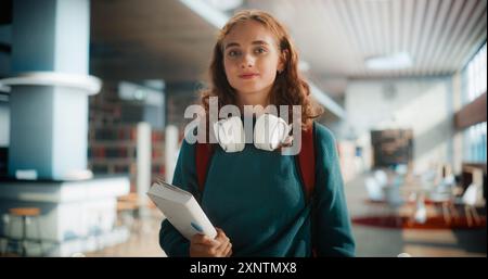 Giovane studentessa caucasica con cuffie e libri che attraversa la moderna biblioteca. Donna sicura di sé che porta zaino e notebook, pronta per le lezioni universitarie o le sessioni di studio. Foto Stock