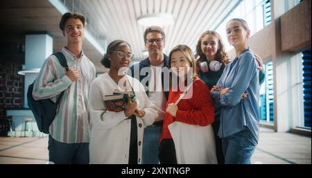 Gruppo diversificato di studenti che posano nel moderno corridoio dell'università. Giovani uomini e donne di varie etnie sorridenti, con libri e zaini in mano, pronti per le sfide accademiche. Foto Stock