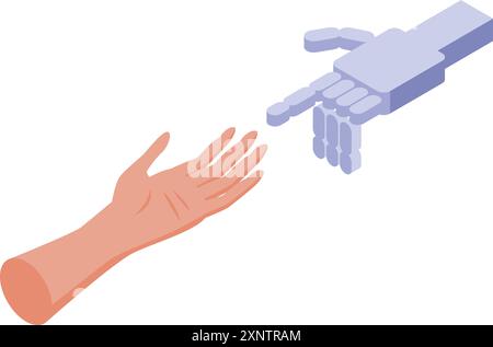 Mani umane e robot che si avvicinano l'una all'altra, rappresentando la collaborazione tra umanità e intelligenza artificiale Illustrazione Vettoriale