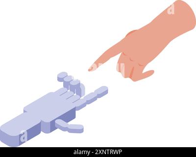 Robot e mani umane che si puntano l'un l'altro simboleggiando la connessione nella vista isometrica Illustrazione Vettoriale