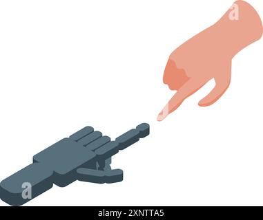 Il braccio robotico e la mano umana si puntano l'un l'altro, simboleggiando l'interazione tra gli esseri umani e l'intelligenza artificiale Illustrazione Vettoriale