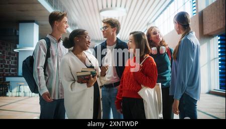 Gruppo diversificato di studenti impegnati in una vivace discussione in una moderna biblioteca universitaria. Giovani adulti con libri e zaini che condividono idee, sorridono e imparano insieme in un ambiente educativo. Foto Stock