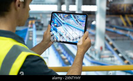 Addetto al centro logistico che utilizza un tablet computer con software di realtà aumentata che controlla la consegna dei pacchi su un nastro trasportatore. Centro commerciale internazionale online con tecnologia moderna Foto Stock