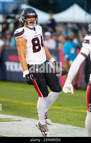 1 agosto 2024: Houston Texans n. 84 Teagan Quitoriano celebra il suo touchdown contro i Chicago Bears durante la Hall of Fame Game a Canton, OHIO. Credito Mike Wulf/CSM: Cal Sport Media/Alamy Live News Foto Stock