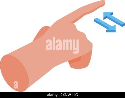 Mano che punta verso due frecce blu che vanno in direzioni opposte, simboleggiando il trasferimento dei dati Illustrazione Vettoriale