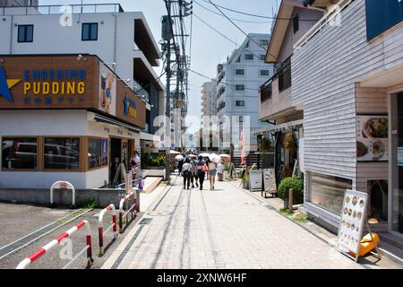 I viaggiatori giapponesi che viaggiano a piedi viaggiano e fanno shopping scelgono di acquistare souvenir da regalo sul mercato locale di Subana e vanno a visitare l'isola di Enoshima di Fuj Foto Stock