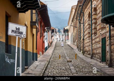 Una tranquilla strada acciottolata a Bogotá, Colombia, caratterizzata da edifici vivaci e una passeggiata pedonale, che rappresenta una scena cittadina tradizionale e urbana. Foto Stock
