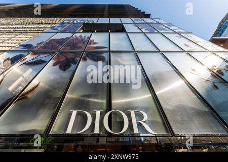 Logo Dior, nome del marchio in lettere bianche sulla parte anteriore dell'edificio Dior sulla Ginza a Tokyo. Facciata decorata con motivi floreali. Foto Stock