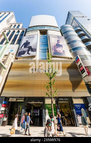 Vista ad angolo basso del negozio Ginza Prada, dall'ingresso al tetto e cielo blu con un giovane albero davanti. Persone che passano davanti al sole. Foto Stock