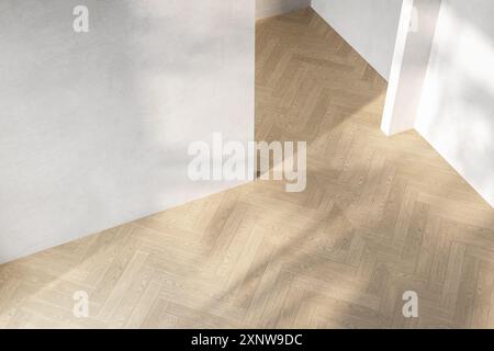 Una camera con una parete bianca e un pavimento in legno con un'ombra su di essa. La camera è vuota e ha un'atmosfera minimalista Foto Stock