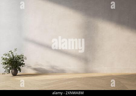 Uno stabilimento è seduto di fronte a un muro con una finestra. L'impianto è in una pentola ed è collocato su un pavimento di legno. La camera è vuota e ha una tariffa minimalista Foto Stock