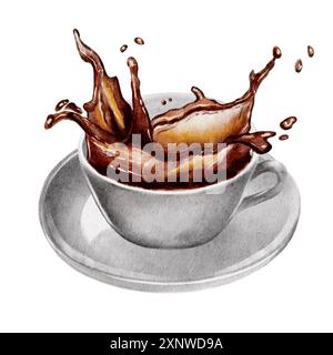 Caffè aromatico, espresso, latte, americano, con chicchi di caffè, imposta le illustrazioni ad acquerello per il menu del bar e del ristorante Foto Stock