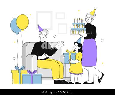 Concetto di compleanno dei nonni. La nonna e la ragazza fanno regali a un uomo anziano. Famiglia che festeggia le vacanze e il festival. Senior con regali e. Illustrazione Vettoriale