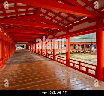 Il Santuario di Itsukushima. È un santuario shintoista sull'isola di Itsukushima (popolarmente conosciuto come Miyajima). E' nella citta' di Hatsukaichi, accessibile dalla terraferma tramite traghetto alla stazione di Miyajimaguchi. Patrimonio dell'umanità dell'UNESCO, diversi edifici e beni sono tesori nazionali. Il santuario di Itsukushima è una delle attrazioni turistiche più popolari del Giappone ed è famoso soprattutto per la sua porta drammatica, o torii alla periferia del santuario, le vette sacre del Monte Misen, le estese foreste e la sua vista sull'oceano. Giappone. Foto Stock