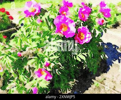 Acquerello di una pianta di peonia rosa in una giornata di sole. Foto Stock