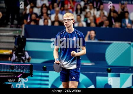 Felix Lebrun (fra) fra, Olympische Spiele Paris 2024, Tischtennis, 02.08.2024 Eibner Pressefoto/Benjamin Lau Foto Stock