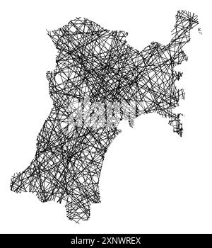 Mappa dei simboli della Prefettura di Miyagi (Giappone) che mostra lo stato con linee nere, incrociate come bastoncini Mikado o una ragnatela Illustrazione Vettoriale