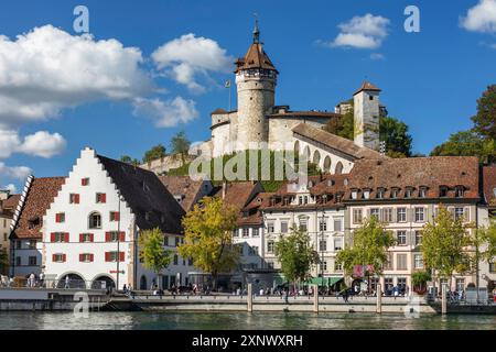 Vista sul fiume Reno con la città vecchia e la Fortezza del Munot, Sciaffusa, Svizzera, Europa Copyright: MarkusxLange 1160-5410 Foto Stock