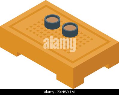 Tavolo da tè in legno con due tazze in piedi, illustrazione isometrica isolata su sfondo bianco Illustrazione Vettoriale