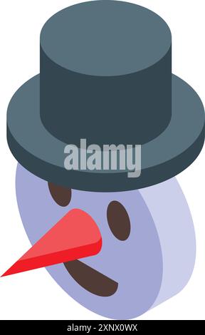 Testa di pupazzo di neve che indossa un'icona isometrica con cappello nero, legata alle vacanze invernali, in stile cartoni animati Illustrazione Vettoriale