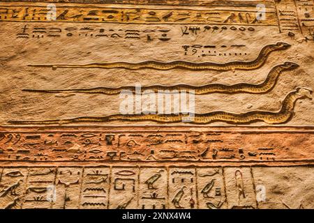 Rilievo del Dio serpente egiziano Nehebkau, Tomba di Ramses III, KV11, Valle dei Re, Antica Tebe, sito patrimonio dell'umanità dell'UNESCO, Luxor, Egitto Foto Stock