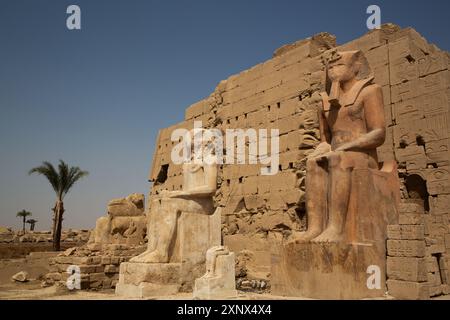 Faraoni seduti, pilone 8, complesso del tempio di Karnak, sito patrimonio dell'umanità dell'UNESCO, Luxor, Egitto, Nord Africa, Africa Foto Stock