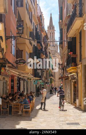 Veduta di caffetterie, negozi e amanti dello shopping nelle strade strette, Palma di Maiorca, Maiorca, Isole Baleari, Spagna, Mediterraneo, Europa Foto Stock