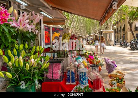 Vista della stalla di fiori sul viale alberato la Rambla a Palma, Palma de Mallorca, Maiorca, Isole Baleari, Spagna, Mediterraneo, Europa Foto Stock