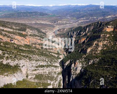 Vista completa di un'ampia e serpeggiante gola circondata da alberi verdi e montagne rocciose, vista aerea, la gola di Congost de Mont-rebei, Noguera Foto Stock